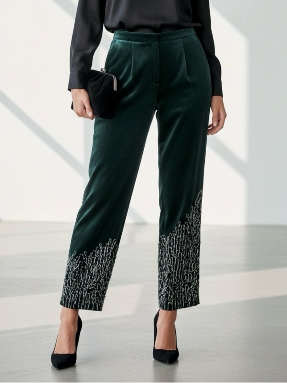 Worth New York Dark Green Velvet Straight-Leg Ankle Pants with Embellishment